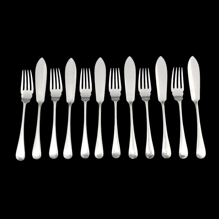 Mappin  Webb (Mappin Brothers) - Antique silver-plated 12pc 6 person fish cutlery eater set - Fiskebestik sæt til 6 (12) - Gammel engelsk - Forsølvet