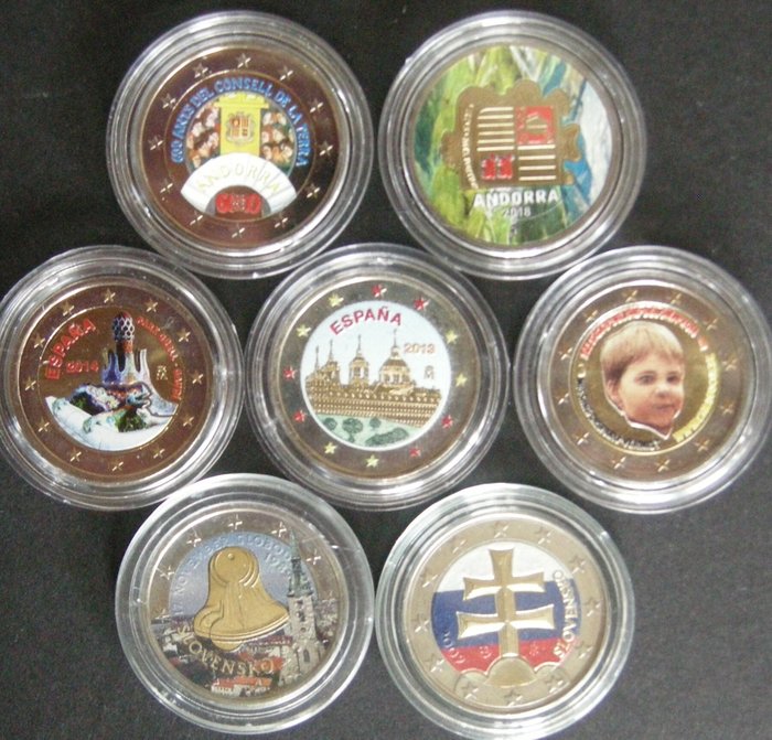 Andorra Belgien Slovakiet Spanien 2 Euro 2009/2019 (7 stuks) in kleur  (Ingen mindstepris)