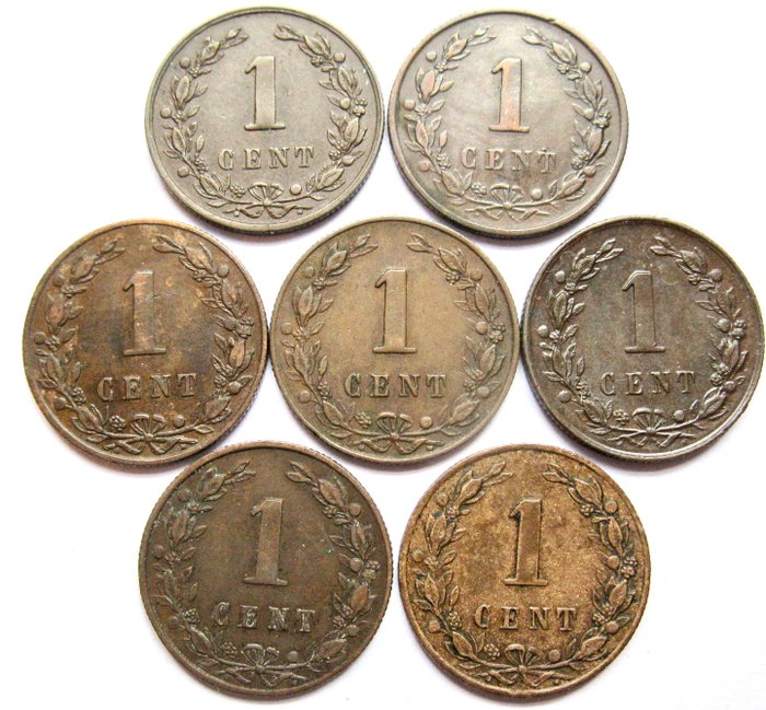 Holland Willem III 1 Cent 1877-1884 (7 verschillende munten) complete serie gekroonde leeuw  (Ingen mindstepris)