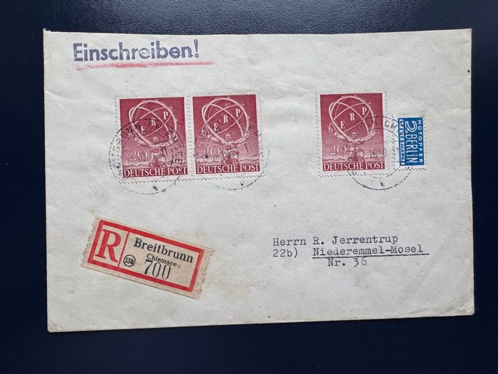 Berlin 1951 - Brev Registreret ERP MiNo. 71 Breitbrunn - Mosel