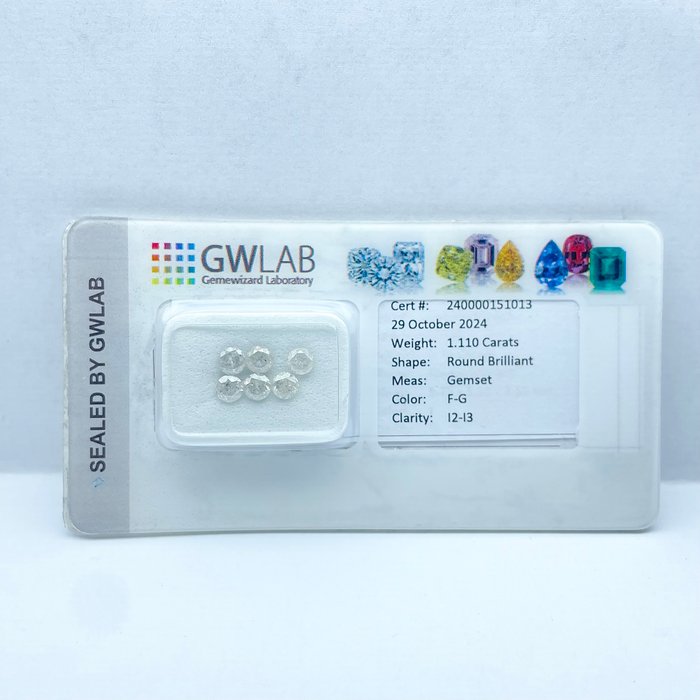 Ingen mindstepris - 6 pcs Diamant  (Natur)  - 1.11 ct - Rund - F, G - I1, I2 - Gemewizard Gemological Laboratory (GWLab)