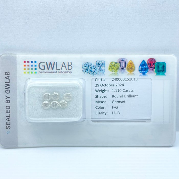 Ingen mindstepris - 6 pcs Diamant  (Natur)  - 1.11 ct - Rund - F, G - I1, I2 - Gemewizard Gemological Laboratory (GWLab)