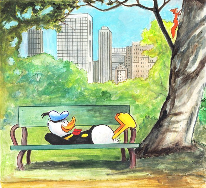 Tony Fernandez - Donald Duck Relaxing in Central Park - Original Painting - 52 x 50 cm