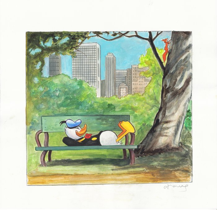 Tony Fernandez - Donald Duck Relaxing in Central Park - Original Painting - 52 x 50 cm