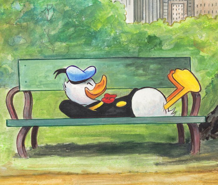 Tony Fernandez - Donald Duck Relaxing in Central Park - Original Painting - 52 x 50 cm