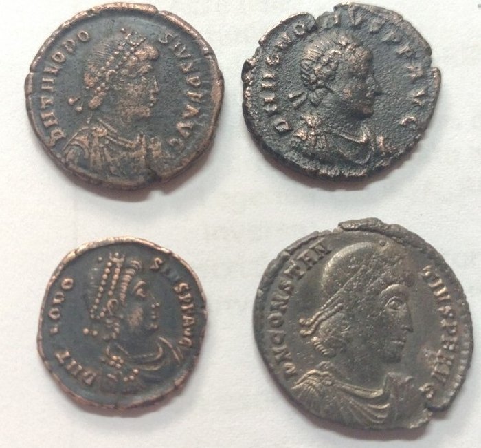 Romarriket. Lot of 4 Æ Folles incl.: Teodosio, Honorius and Costanzo II  (Ingen mindstepris)