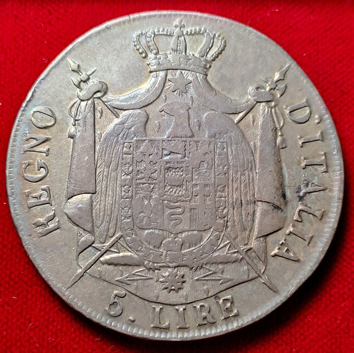 Italien, Kongeriget Italien (Napolitansk). Napoléon I (1804-1814). 5 Lire 1808 Milano  (Ingen mindstepris)