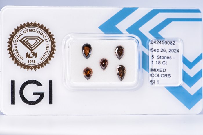 Ingen mindstepris - 5 pcs Diamant  (Naturfarvet)  - 1.18 ct - Pære - Fancy dark, Fancy deep Brun Orange - I1, SI2 - International Gemological Institute (IGI)