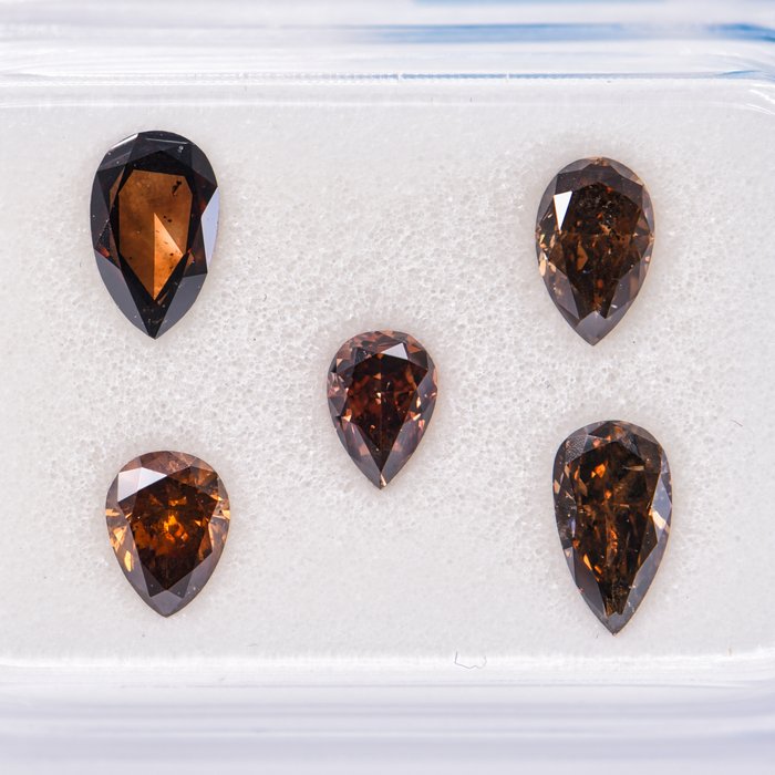 Ingen mindstepris - 5 pcs Diamant  (Naturfarvet)  - 1.18 ct - Pære - Fancy dark, Fancy deep Brun Orange - I1, SI2 - International Gemological Institute (IGI)