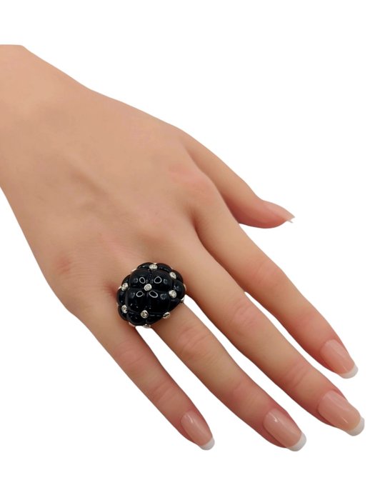 Ring - 18 kraat Hvidguld, Smuk 18K hvidguld  sort onyx ring omgivet af diamanter -  0.10ct. tw. Onyx - Diamant