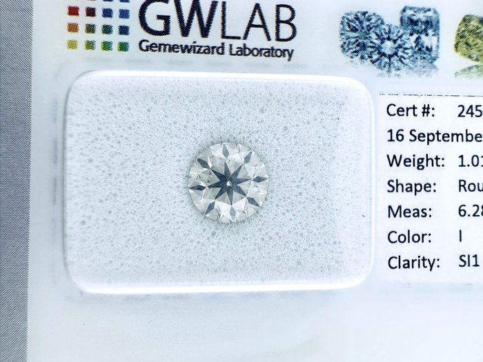 1 pcs Diamant  (Natur)  - 1.01 ct - Rund - I - SI1 - Gemewizard Gemological Laboratory (GWLab) - ( NATURLIG )