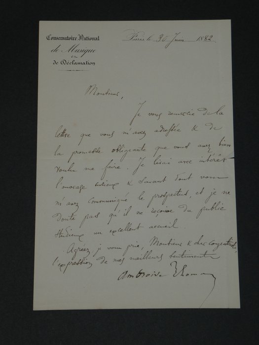 Ambroise Thomas - Lettre autographe signée à Albert Jacquot - 1882