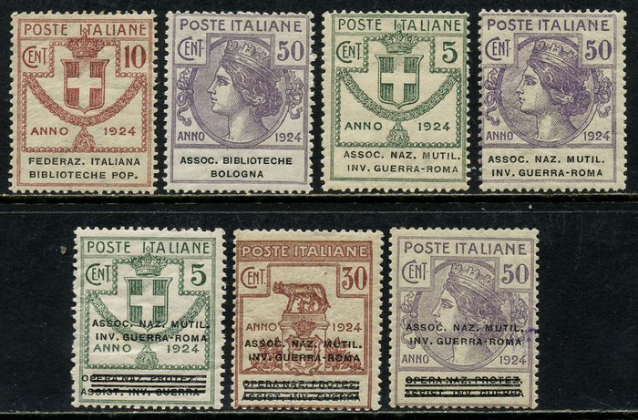 Italien 1924 - Parastatal 4 problemer, 7 intakte værdier - Sassone N. 4, 5, 9, 34, 70, 73, 74