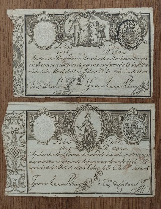 Portugal. - 1200 and 2400 Reis 1805 - without overprint - Pick 16 and 17