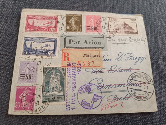 Frankrig 1932 - Rekommanderet brev via Zeppelin fra Lyon til Pernambour, Brasilien