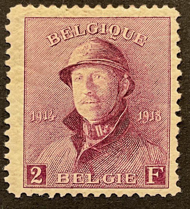 Belgien 1919/1919 - Albert I Helm - 2fr. Lilla - Smukt centrum - MEST FRISK - OBP 176 - met keurmerk - ZONDER RESERVEPRIJS