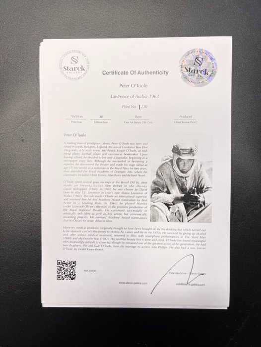 Lawrence of Arabia 1963 - Peter O'Toole - Fine Art Photography - Luxury Wooden Framed 70X50 cm - Limited Edition Nr 01 of 30 - Serial ID 30500 - Original Certificate (COA), Hologram Logo Editor and QR Code - 100% New items.