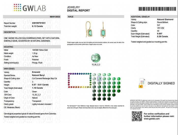 Øreringe - 14 karat Gulguld -  1.44ct. tw. Smaragd - Diamant - colombianske smaragder