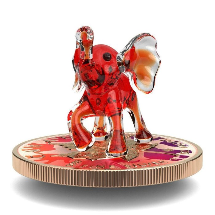 Canada. 5 Dollars 2022 Maple Leaf - Murano glass Series - Red Elephant, 1 Oz (.999)