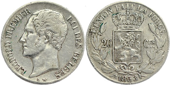 Belgien. Leopold 1.. 20 Centimes 1853 - engraver’s initials with points