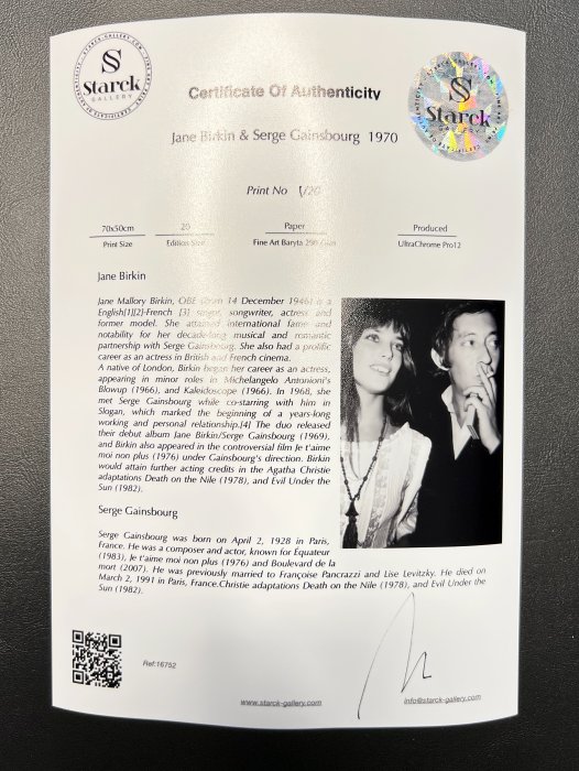 Jane Birkin  Serge Gainsbourg 1970 - Fine Art Photography - Luxury Wooden Framed 70X50 cm - Limited Edition Nr 03 of 20 - Serial ID 16752 - Original Certificate (COA), Hologram Logo Editor and QR Code - 100% new items