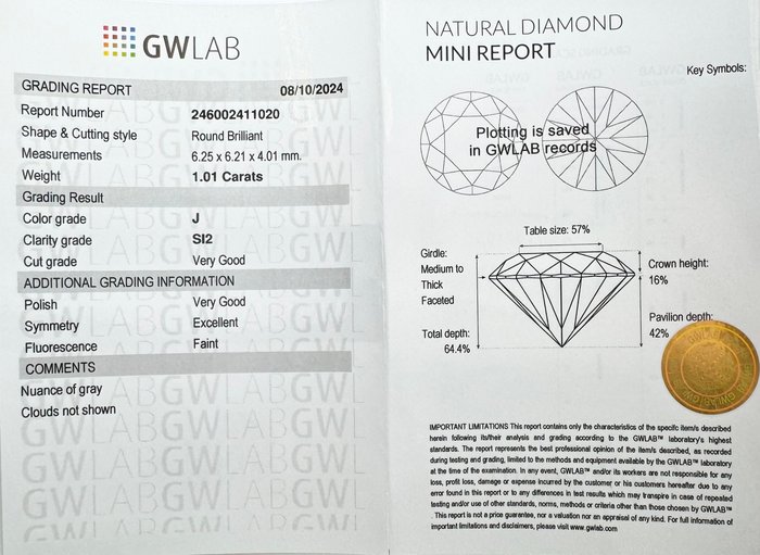 Ingen mindstepris - 1 pcs Diamant  (Natur)  - 1.01 ct - Rund - J - SI2 - Gemewizard Gemological Laboratory (GWLab)