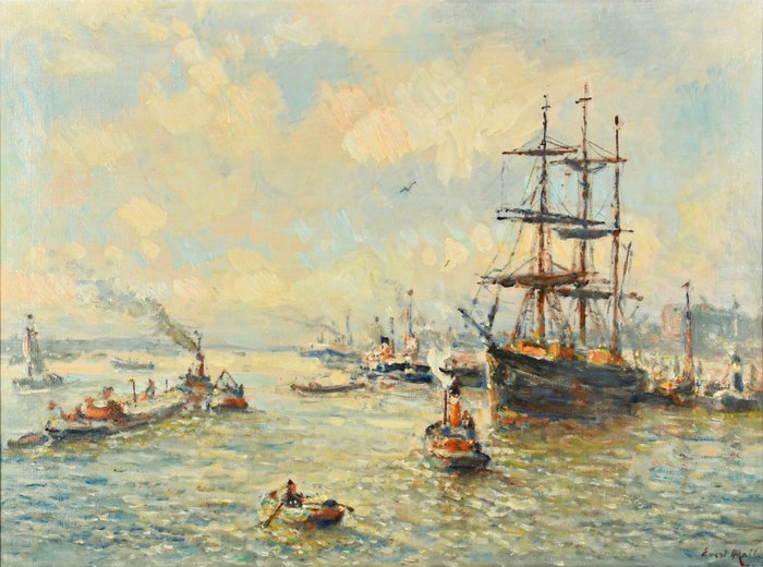 Evert Moll (1878-1955) - Driemaster in de haven