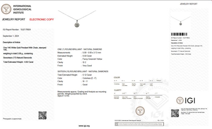 Ingen mindstepris - Halskæde med vedhæng - 14 karat Hvidguld -  0.62ct. tw. Gul Diamant (Naturfarvet) - Diamant - IGI