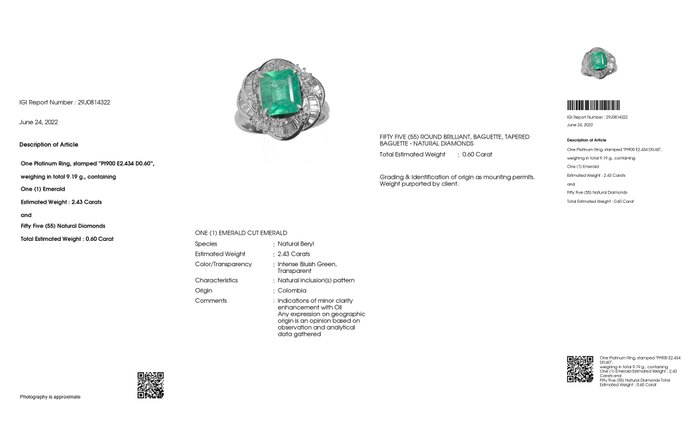 Ring Platin -  3.03ct. tw. Smaragd - Diamant - COLOMBIA