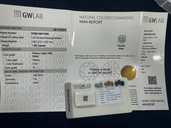 Ingen mindstepris - 1 pcs Diamant  (Naturfarvet)  - 1.00 ct - Rektangel - Fancy light Grå - I1 - Gemewizard Gemological Laboratory (GWLab)