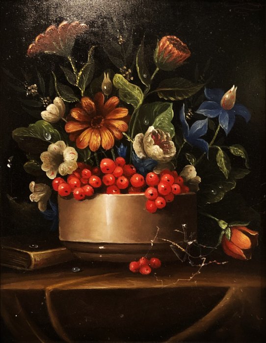 École Européene (XX) - Nature morte aux fleurs et groseilles