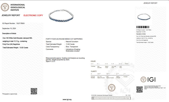 Armbånd - 14 karat Hvidguld -  13.82ct. tw. Safir - IGI