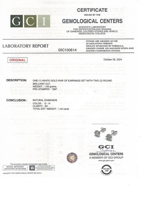 Ingen mindstepris - Øreringe - 14 karat Hvidguld -  1.44ct. tw. Diamant (Natur)