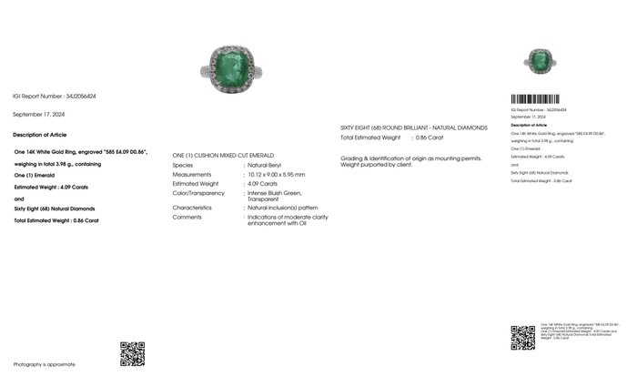 Ingen mindstepris - Ring - 14 karat Hvidguld -  495ct tw Smaragd - Diamant - IGI 409 ct Intens Green