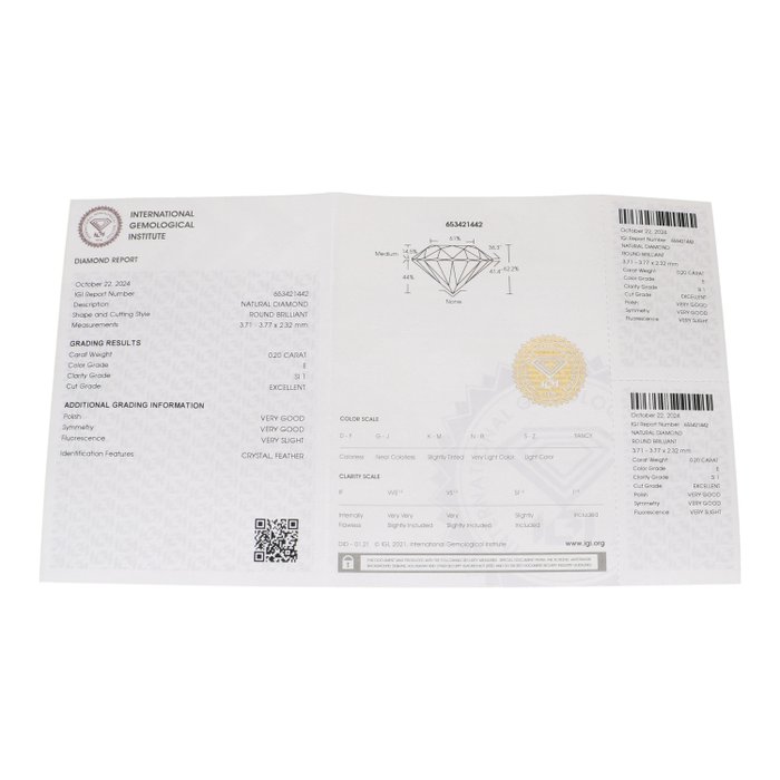 Ingen mindstepris - 1 pcs Diamant  (Natur)  - 0.20 ct - Rund - E - SI1 - International Gemological Institute (IGI)