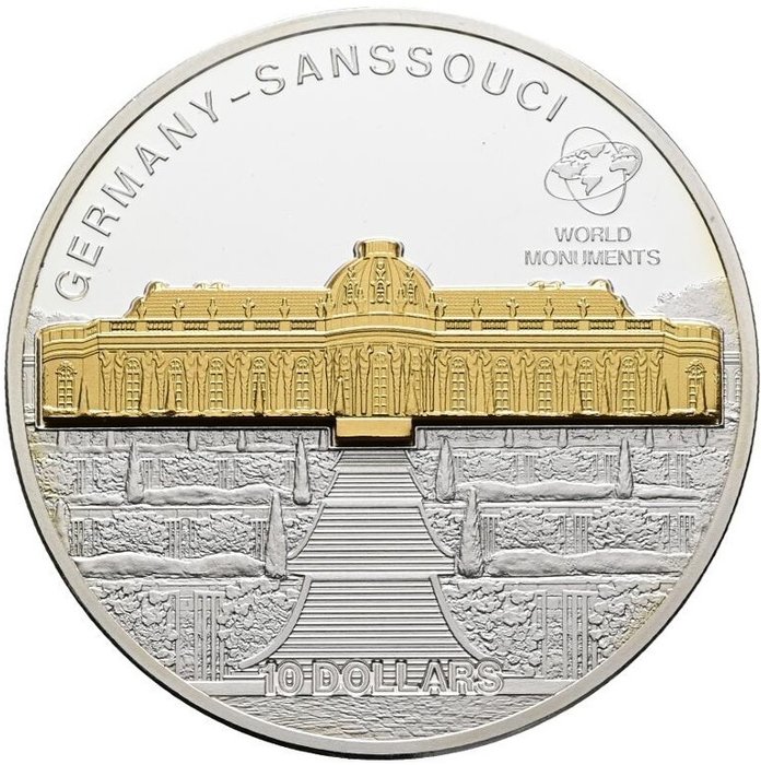 Cook-øerne. 10 Dollars 2010 Skulpturmünze - Germany Schloss Sanssouci, 1 Oz (.999)  (Ingen mindstepris)