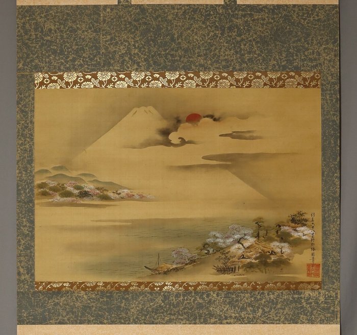 Mount Fuji and Cherry Blossoms- With signature Kyuuen hitsu 休圓筆 - Kano Kyuen (1641-1717) - Japan - Midten af Edo-perioden