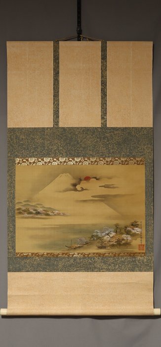 Mount Fuji and Cherry Blossoms- With signature Kyuuen hitsu 休圓筆 - Kano Kyuen (1641-1717) - Japan - Midten af Edo-perioden