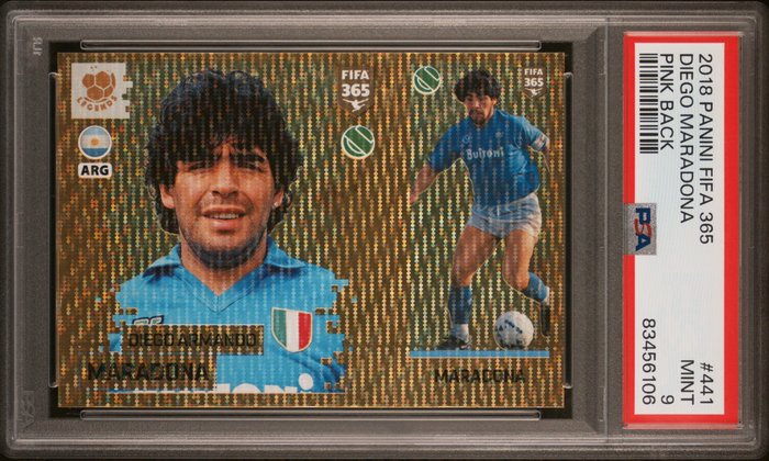 2018 Panini FIFA 365 Diego Maradona #441 Pink Back PSA 9 Graded sticker