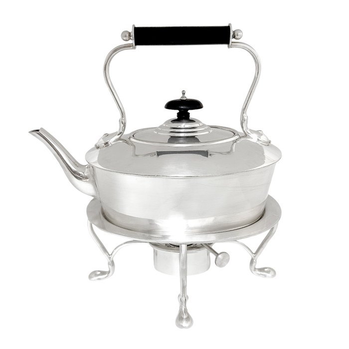 Victorian 1.5L large oval spirit kettle with four-leg stand and burner - John Bagshaw  Sons - Kedel på stativ og brænder (3) - Forsølvet, Træ