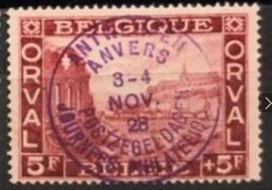 Belgien 1928 - Første Orval med aftryk Frimærkedage Antwerpen: 5F Vinrød - OBP / COB 266H