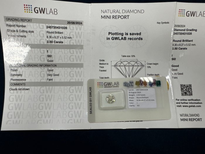 1 pcs Diamant  (Natur)  - 250 ct - Rund - I - SI2 - Gemewizard Gemological Laboratory (GWLab) - 250 ct i si2