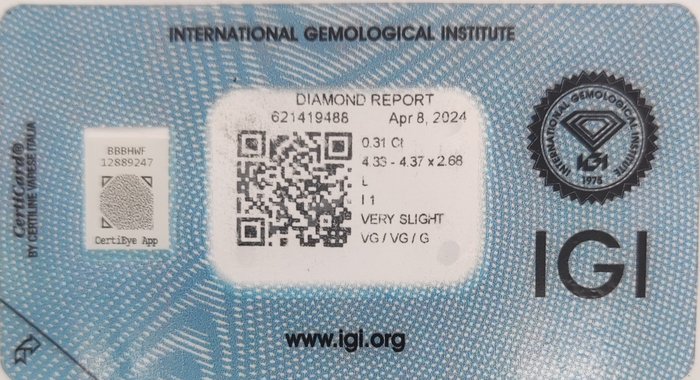 Ingen mindstepris - 1 pcs Diamant  (Natur)  - 0.31 ct - Rund - L - I1 - International Gemological Institute (IGI)