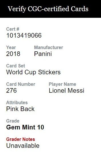 2018 - Panini - World Cup Stickers - Lionel Messi - #276 Pink Back - 1 Graded sticker - CSG 95