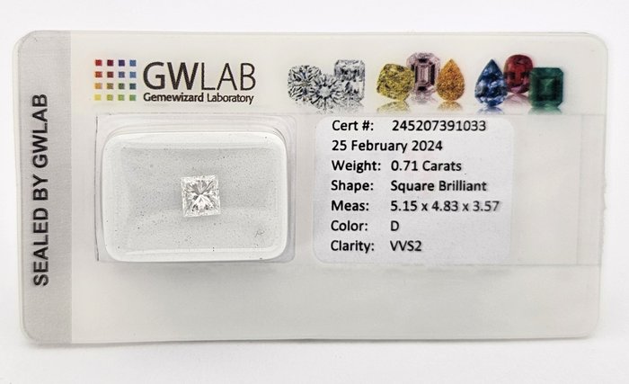 1 pcs Diamant  (Natur)  - 0.71 ct - Kvadrat - D (farveløs) - VVS2 - Gemewizard Gemological Laboratory (GWLab) - Princess Cut