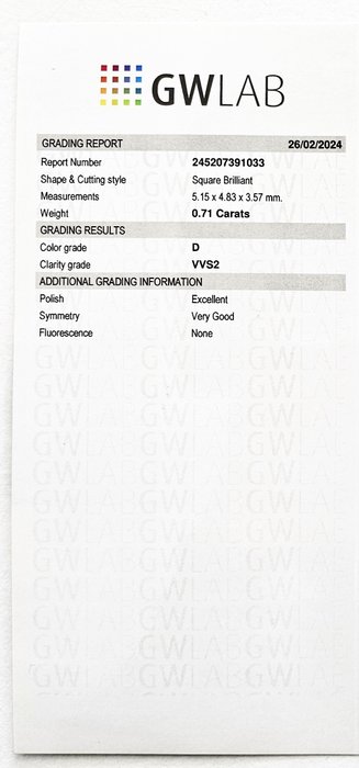 1 pcs Diamant  (Natur)  - 0.71 ct - Kvadrat - D (farveløs) - VVS2 - Gemewizard Gemological Laboratory (GWLab) - Princess Cut