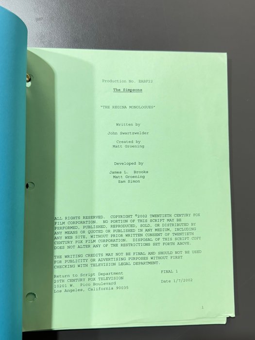 The Simpsons - 1 Originalt brugt produktionsmanuskript - Episode: 'The Regina Monologues' (2003)