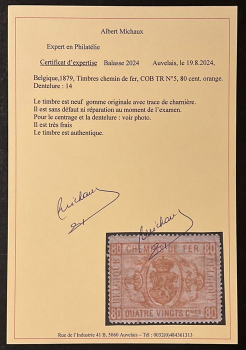 Belgien 1879/1882 - Jernbanestempel Rigsvåben - 1 udgave - 80 centimes Orange - Med certifikat - OBP TR5