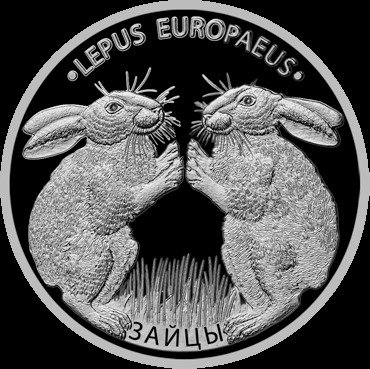 Hviderusland. 20 Roubles 2014 Hares (Lepus Europaeus) 1 Oz .999 Proof, with crystals  (Ingen mindstepris)