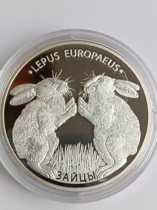 Hviderusland. 20 Roubles 2014 Hares (Lepus Europaeus) 1 Oz .999 Proof, with crystals  (Ingen mindstepris)